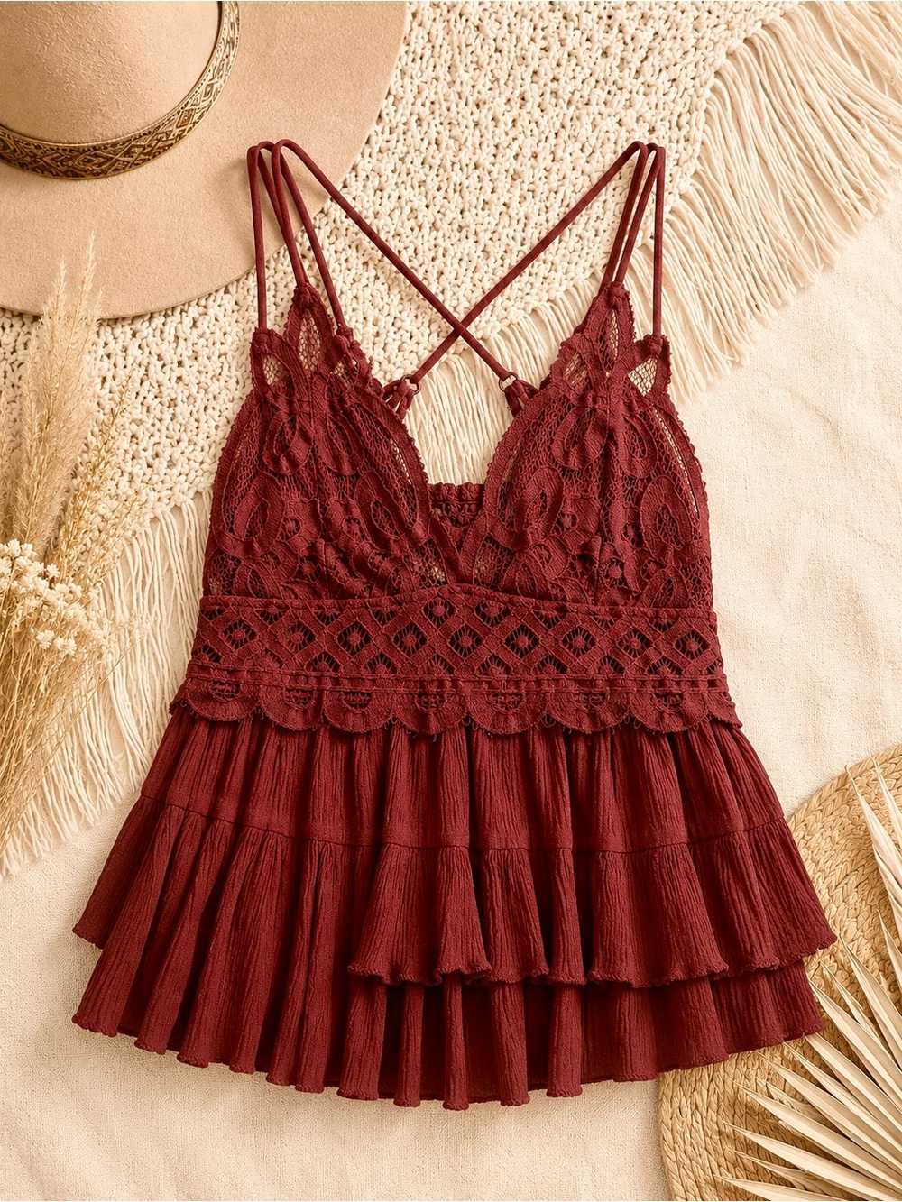 Zenana Outfitters Burgundy Lace Tiered Cami